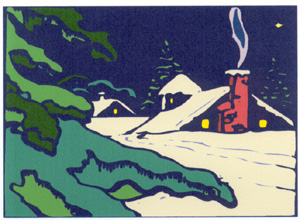 Solstice 2001 greeting card - front - a stylized mountain house in a pine forest at night, light shining through the windows, smoke drifting from the red chimney, and snow up to the second floor