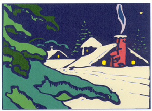 Solstice 2001 greeting card - front - a stylized mountain house in a pine forest at night, light shining through the windows, smoke drifting from the red chimney, and snow up to the second floor