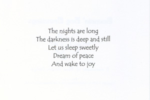 Solstice 2001 greeting card - inside - 'The nights are long/The darkness is deep and still/Let us sleep sweetly/Dream of peace/And wake to joy'