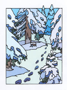 Holiday 2002 card - front - drawing of a forest with footprints in the snow marching off into the distance.
