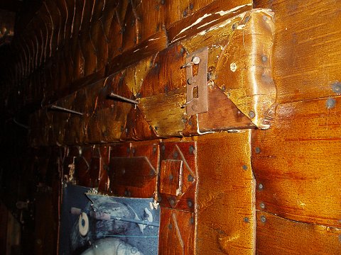 A close up of the birch bark around the door.