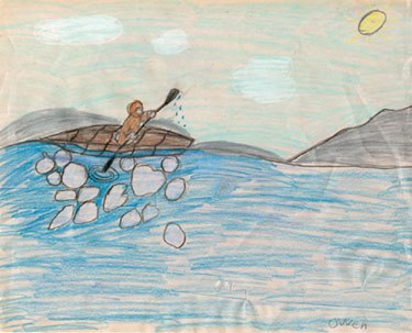 Drawing: Native kayaker, by Owen Harold Rosenthal, a pencil drawing of a kayaker among ice chunks. Copyright ©, Owen Harold Rosenthal.