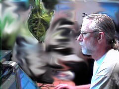 Doctored photo of Bill Goldsmith, creator of Radio Paradise, programming.  Above his head is a plant leaf that looks like a face.
